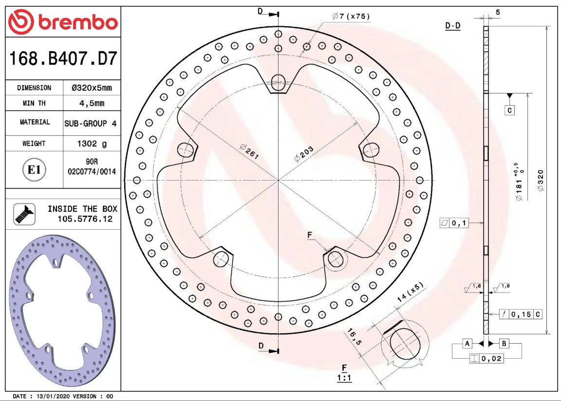 Disco de freno Brembo fijo Serie Oro 168B407D7