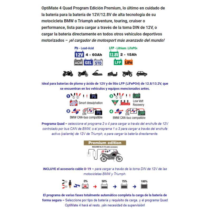 Cargador/Mantenedor de baterías Optimate 4 Quad Program Premium TM630-PR