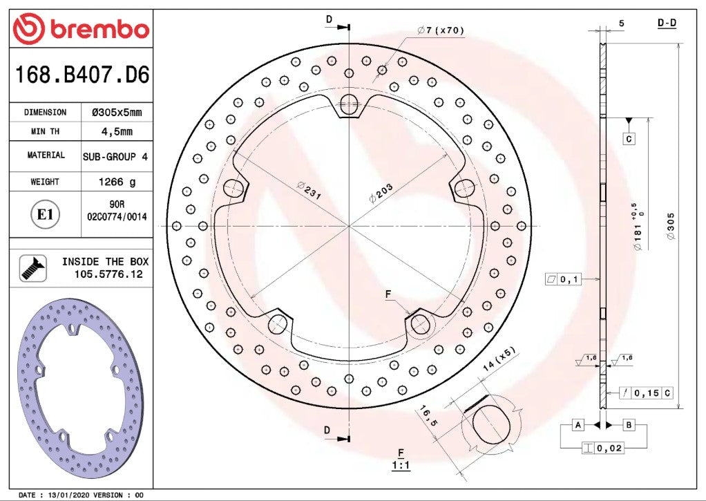 Disco de freno Brembo fijo Serie Oro (168B407D6)